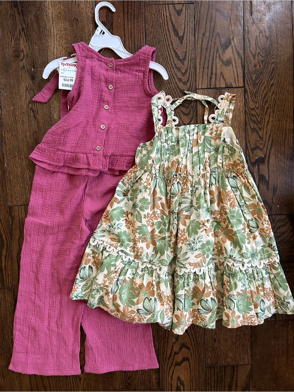 Pink Button-Back Jumpsuit & Green Floral Sundress Set